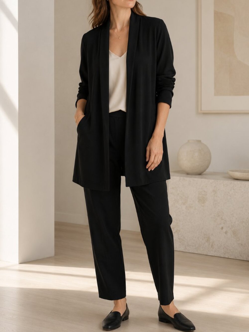 Eileen Fisher System Washable Stretch Crepe Long Jacket Black NWT Small